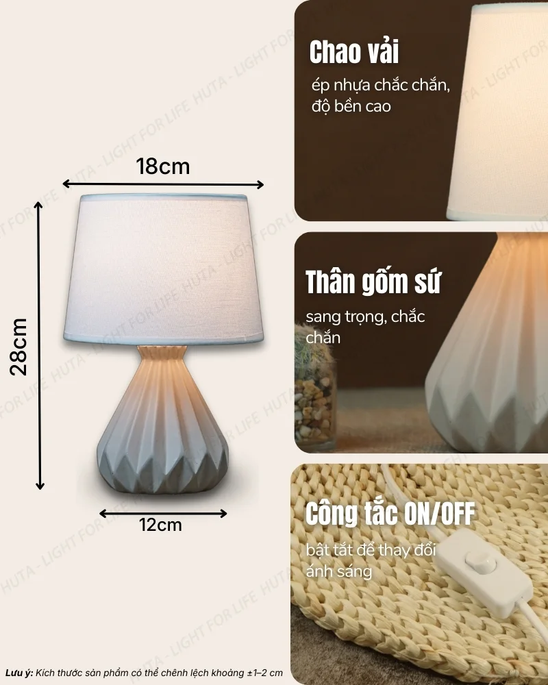 Thông số kỹ thuật chi tiết đèn ngủ để bàn decor khách sạn thân gốm sứ mã S13