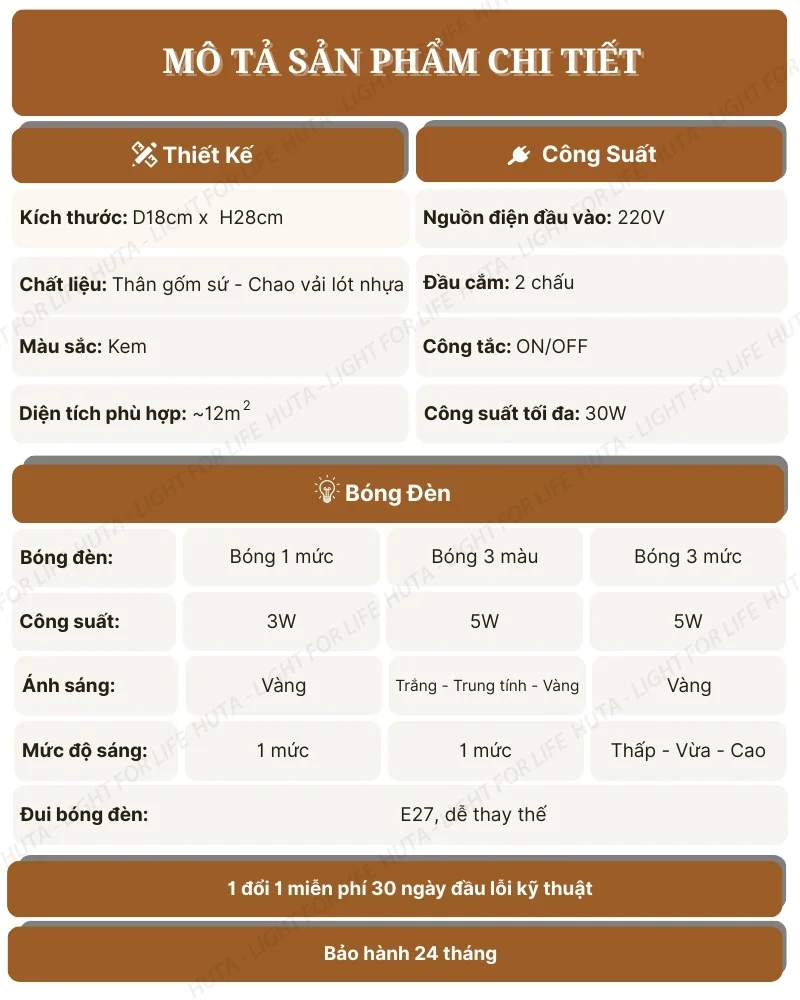 Thông số kỹ thuật chi tiết đèn ngủ để bàn decor khách sạn thân gốm sứ mã S13
