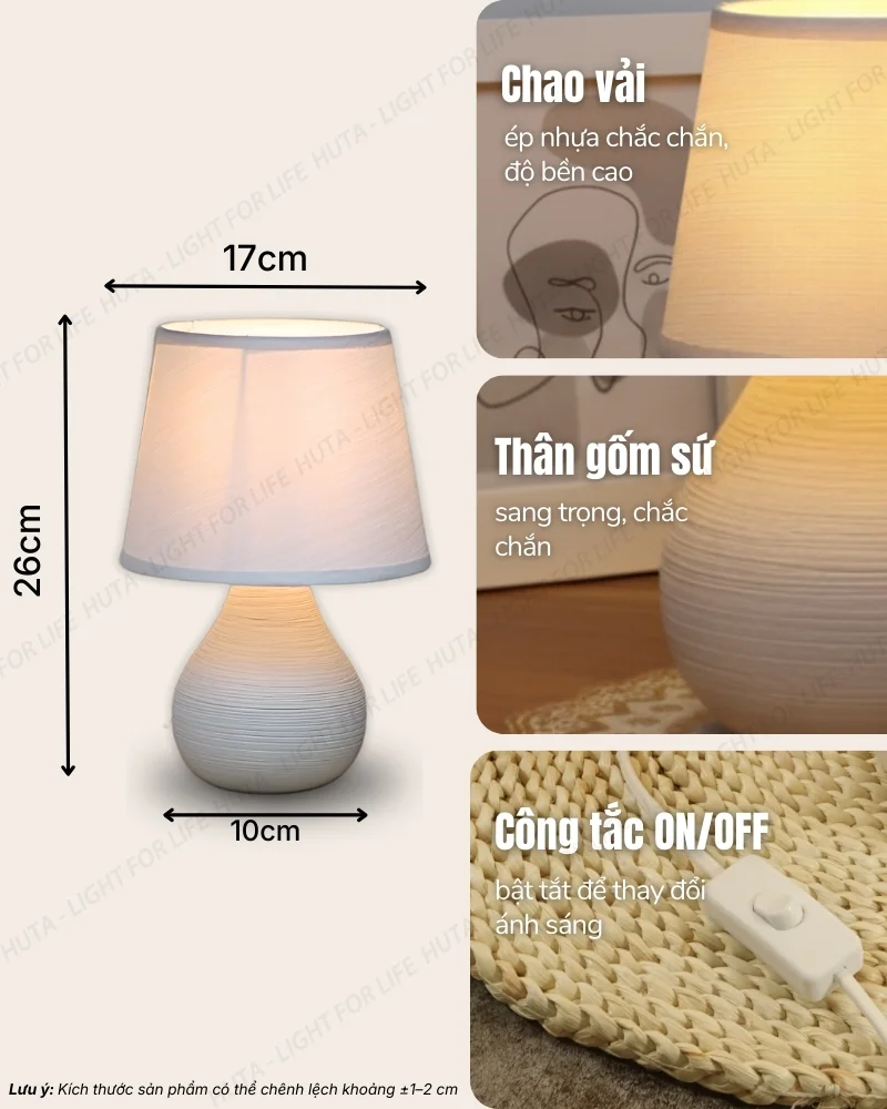Thông số kỹ thuật chi tiết đèn ngủ để bàn decor khách sạn thân gốm sứ mã S1