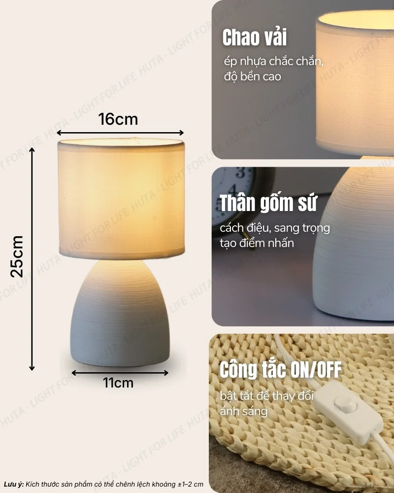 Thông số kỹ thuật chi tiết đèn ngủ để bàn decor khách sạn thân gốm sứ mã S2