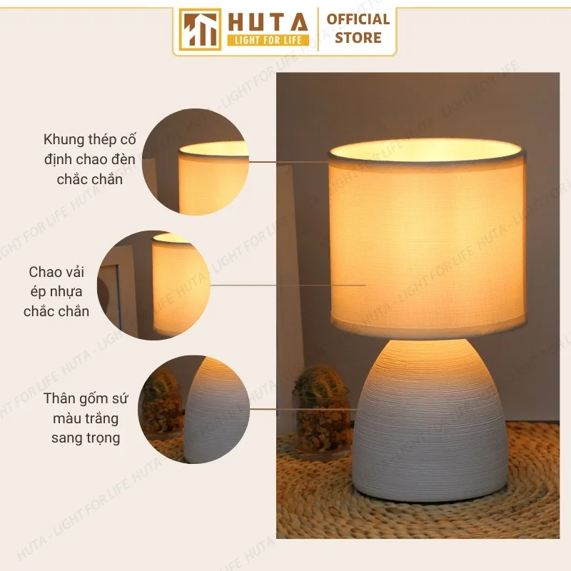 Đèn Ngủ Để Bàn Decor Khách Sạn HUTA Light For Life Phong Cách Tối Giản Thân Gốm Sứ Mã S2