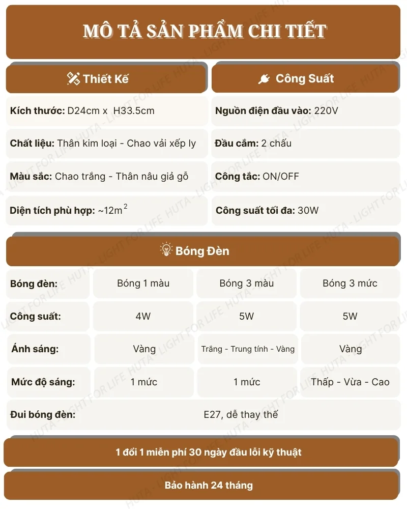 Thông số kỹ thuật chi tiết đèn ngủ để bàn thân kim loại mã T10