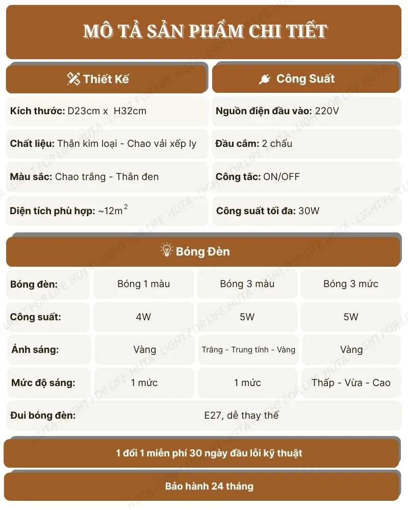 Thông số kỹ thuật chi tiết đèn ngủ để bàn thân kim loại mã T13