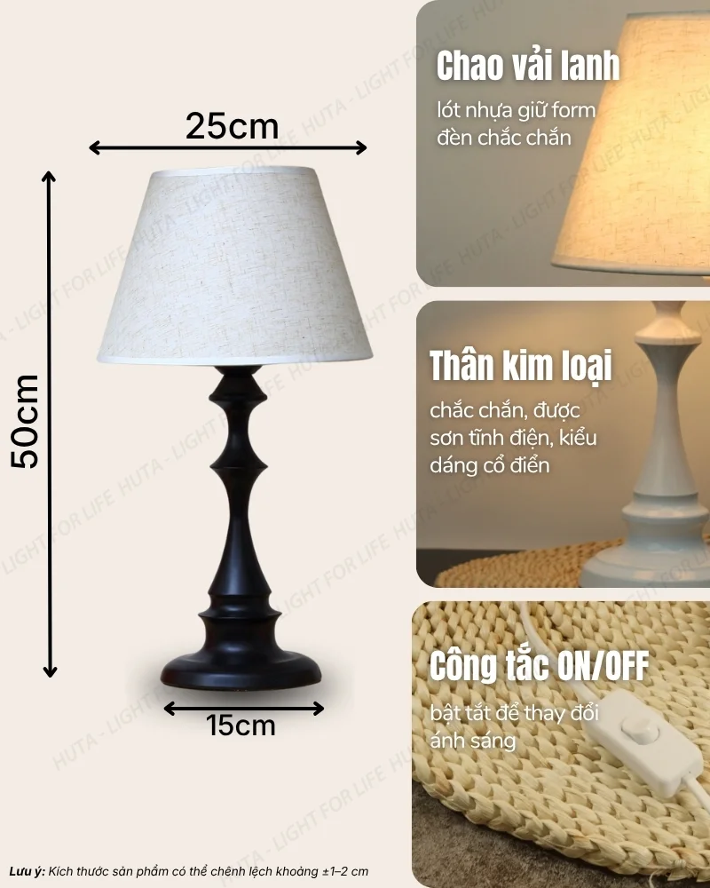 Thông số kỹ thuật chi tiết đèn ngủ để bàn thân kim loại mã T2