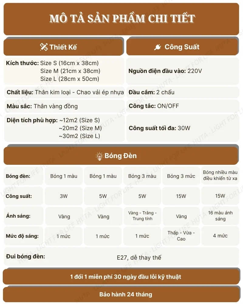 Thông số kỹ thuật chi tiết đèn ngủ để bàn thân kim loại mã T5