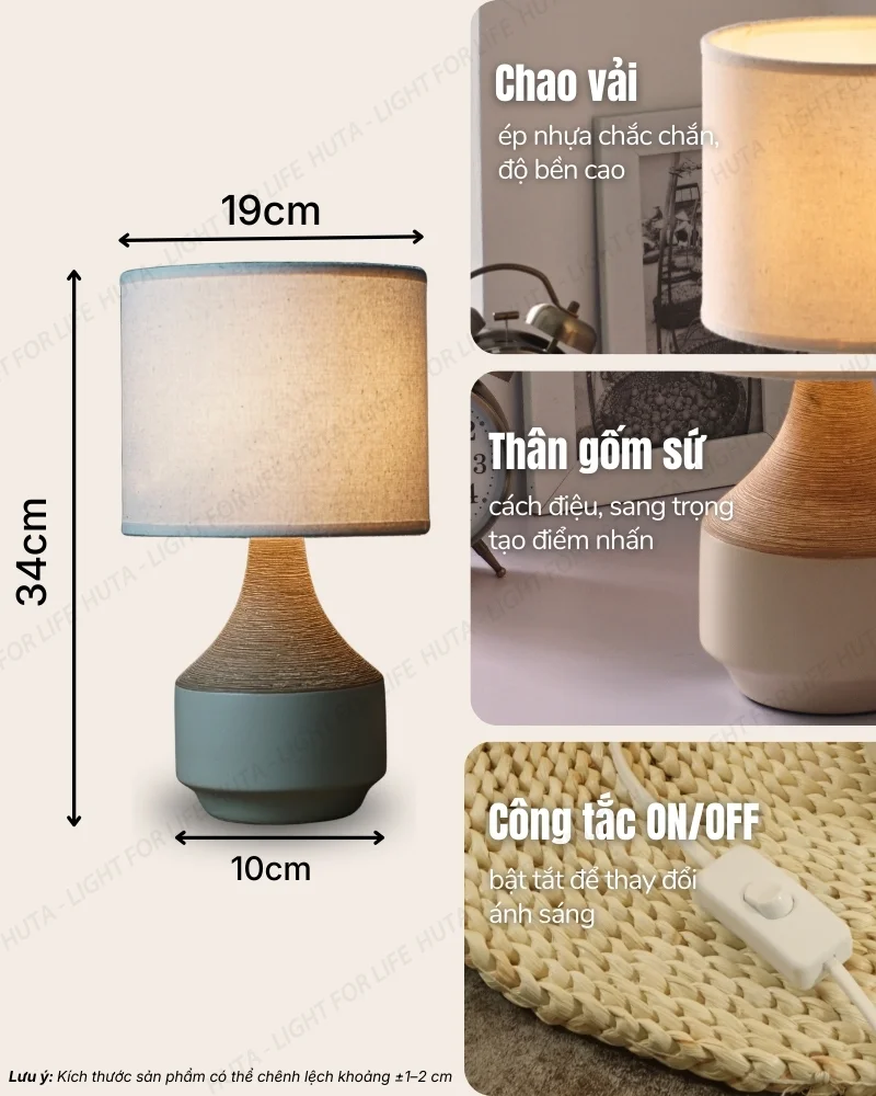 Thông số kỹ thuật chi tiết đèn ngủ để bàn decor khách sạn thân gốm sứ mã S14