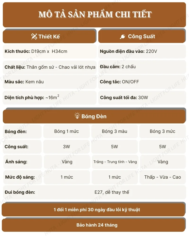 Thông số kỹ thuật chi tiết đèn ngủ để bàn decor khách sạn thân gốm sứ mã S14