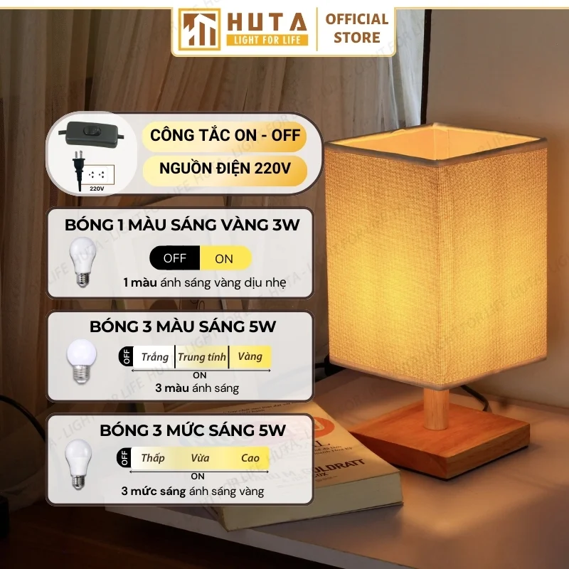 Đèn Ngủ Để Bàn Khách Sạn, Tab Đầu Giường HUTA Light For Life Phong Cách Mộc Mạc Thân Gỗ Mã G3