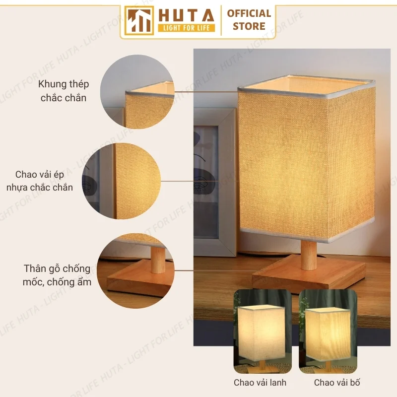 Đèn Ngủ Để Bàn Khách Sạn, Tab Đầu Giường HUTA Light For Life Phong Cách Mộc Mạc Thân Gỗ Mã G3