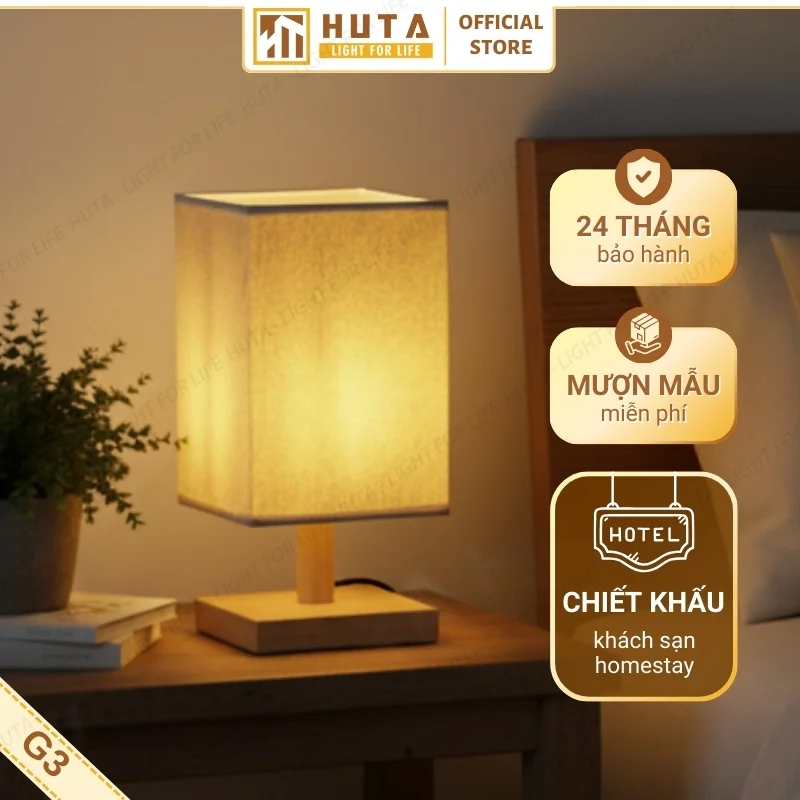 Đèn Ngủ Để Bàn Khách Sạn, Tab Đầu Giường HUTA Light For Life Phong Cách Mộc Mạc Thân Gỗ Mã G3