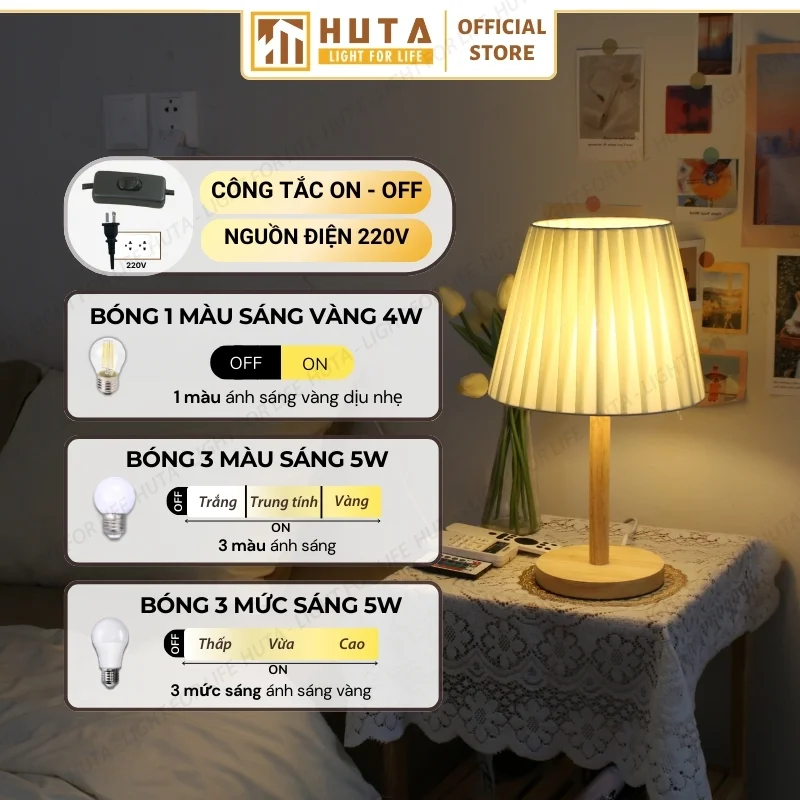 Đèn Ngủ Để Bàn Khách Sạn, Tab Đầu Giường HUTA Light For Life Phong Cách Mộc Mạc Thân Gỗ Mã G4