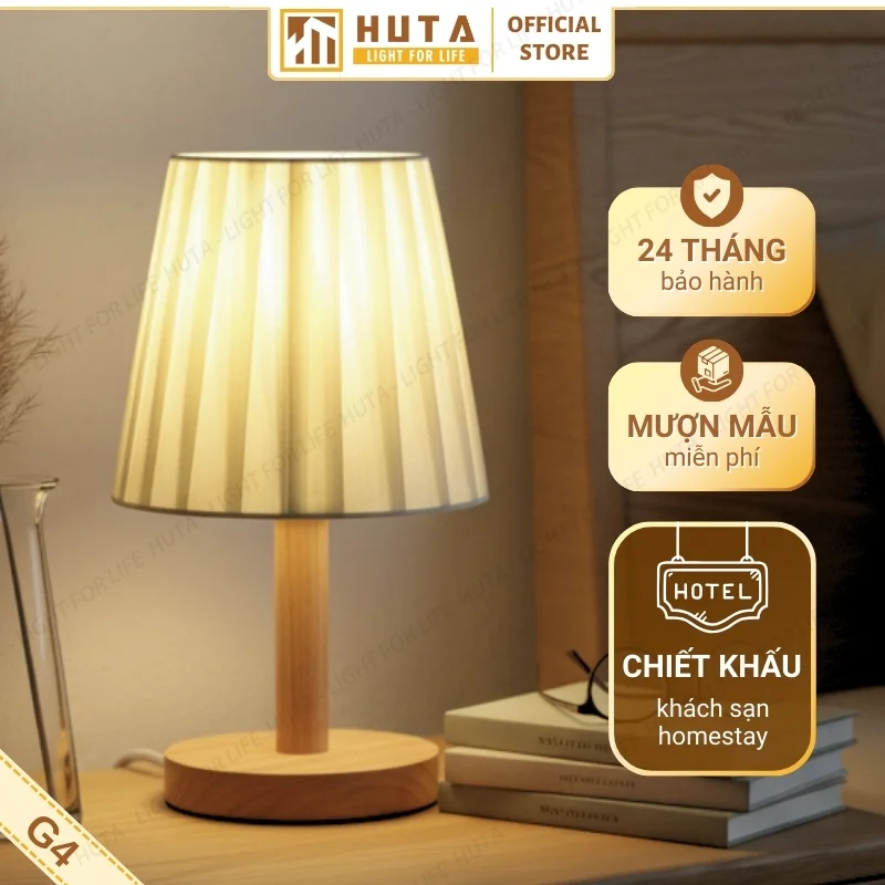 Đèn Ngủ Để Bàn Khách Sạn, Tab Đầu Giường HUTA Light For Life Phong Cách Mộc Mạc Thân Gỗ Mã G4