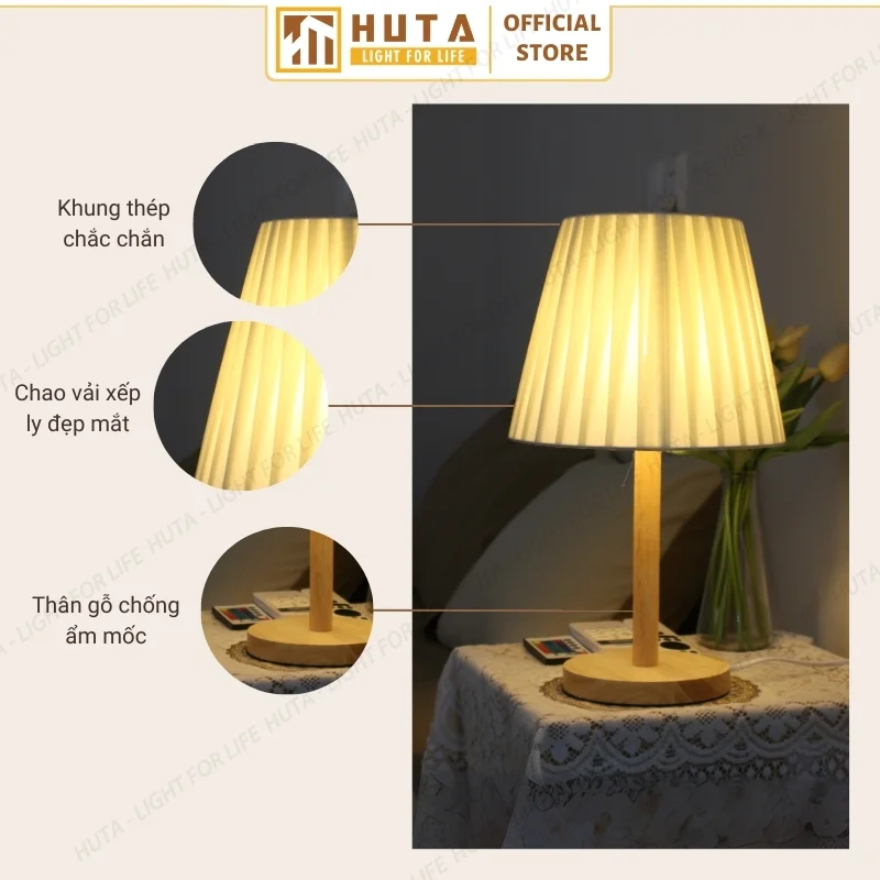 Đèn Ngủ Để Bàn Khách Sạn, Tab Đầu Giường HUTA Light For Life Phong Cách Mộc Mạc Thân Gỗ Mã G4