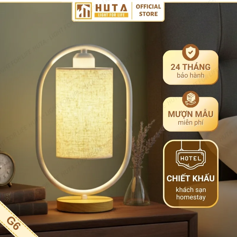 Đèn Ngủ Để Bàn Khách Sạn, Tab Đầu Giường HUTA Light For Life Phong Cách Mộc Mạc Thân Gỗ Mã G6