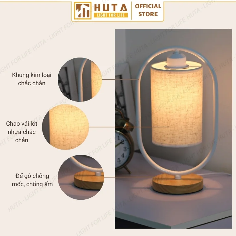 Đèn Ngủ Để Bàn Khách Sạn, Tab Đầu Giường HUTA Light For Life Phong Cách Mộc Mạc Thân Gỗ Mã G6