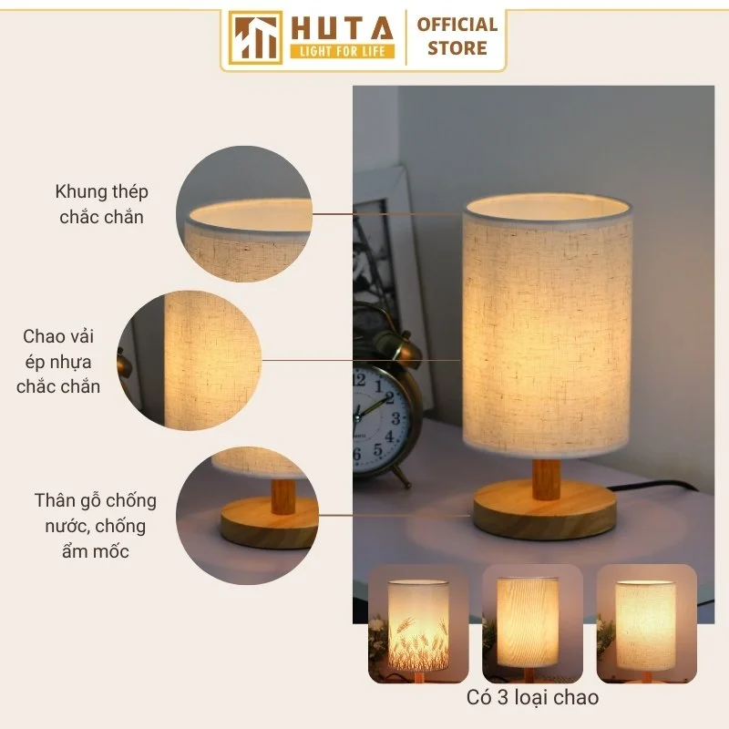 Đèn Ngủ Để Bàn Khách Sạn, Tab Đầu Giường HUTA Light For Life Phong Cách Vintage Thân Gỗ Mã G1