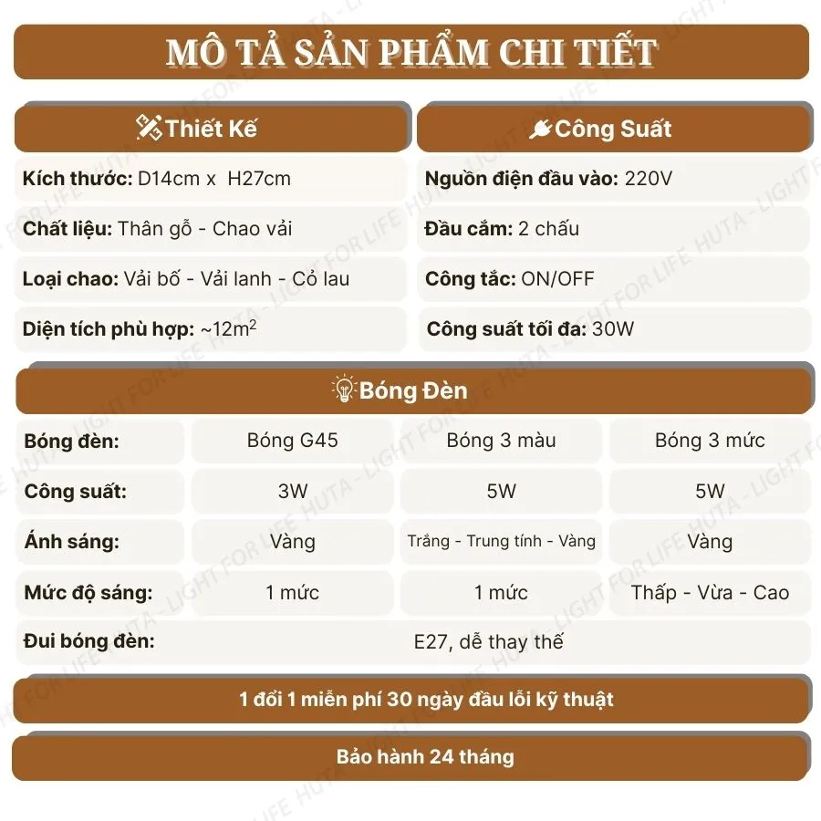 Thông số kỹ thuật chi tiết đèn bàn cho khách sạn thân gỗ mã G1