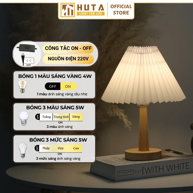 Đèn Ngủ Để Bàn Khách Sạn, Tab Đầu Giường HUTA Light For Life Phong Cách Vintage Thân Gỗ Mã G5