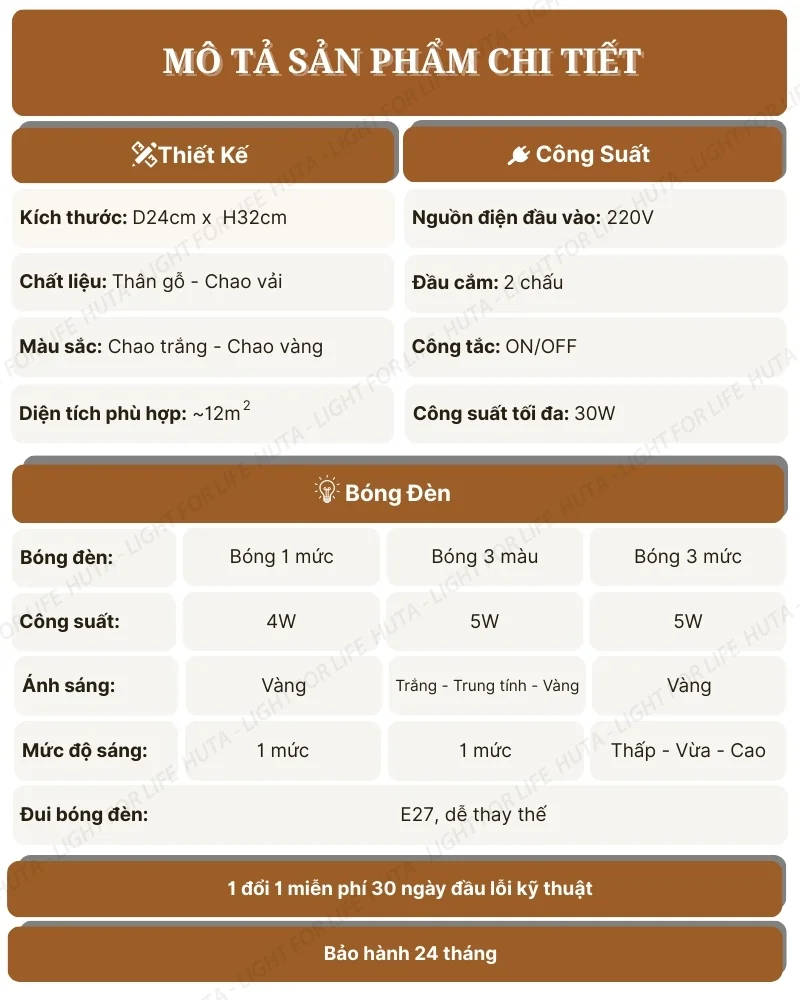 Thông số kỹ thuật chi tiết đèn bàn khách sạn, homestay thân gỗ mã G5