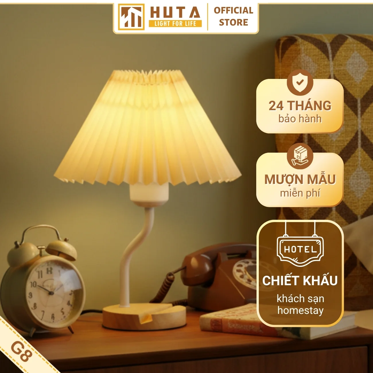 Đèn Ngủ Để Bàn Khách Sạn, Tab Đầu Giường HUTA Light For Life Phong Cách Vintage Thân Gỗ Mã G8