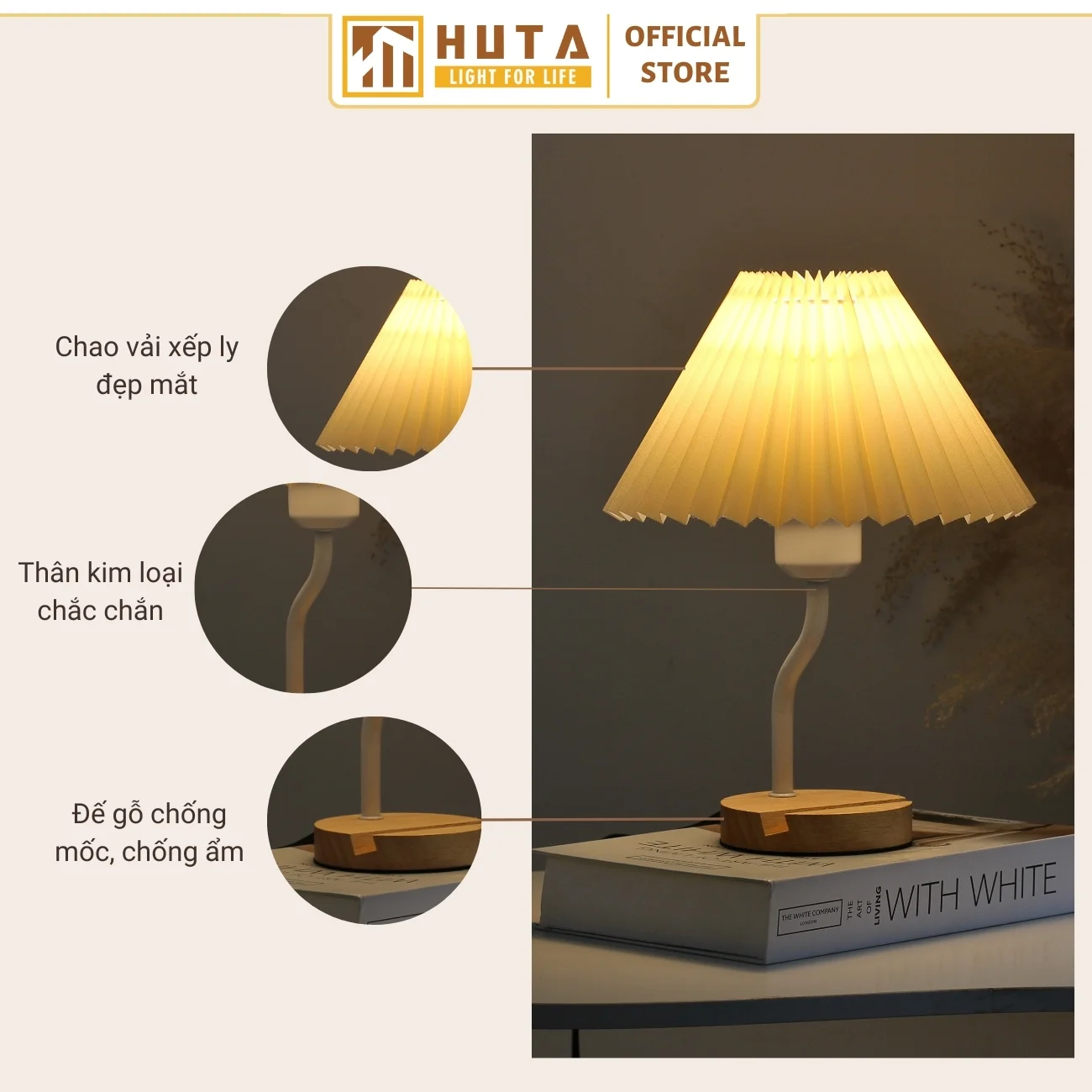 Đèn Ngủ Để Bàn Khách Sạn, Tab Đầu Giường HUTA Light For Life Phong Cách Vintage Thân Gỗ Mã G8