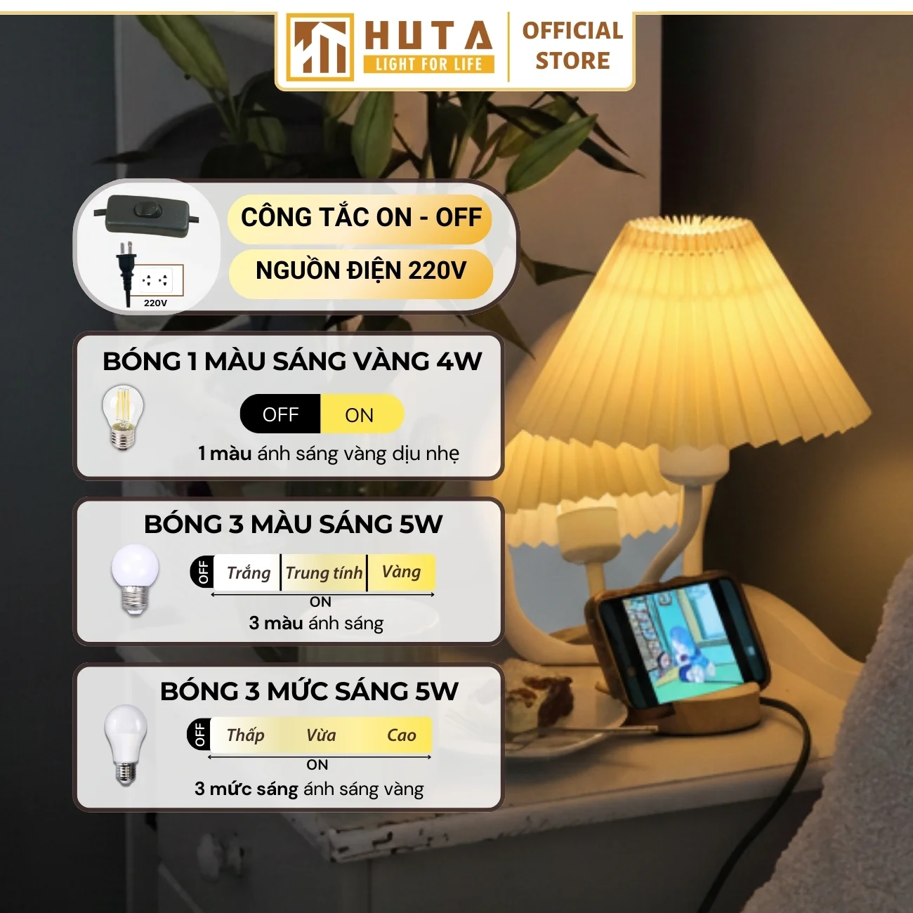 Đèn Ngủ Để Bàn Khách Sạn, Tab Đầu Giường HUTA Light For Life Phong Cách Vintage Thân Gỗ Mã G8