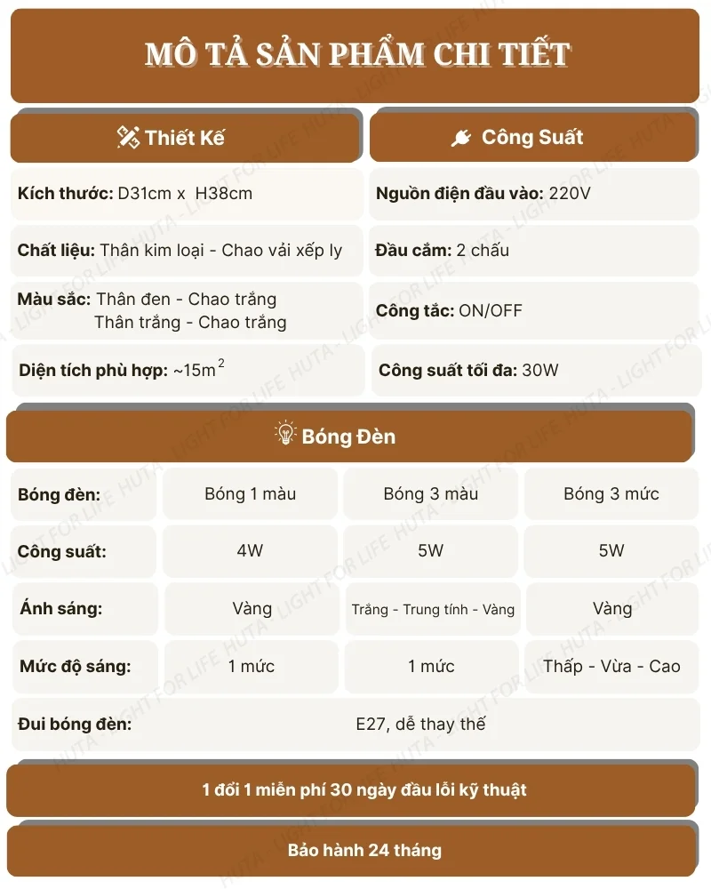 Thông số kỹ thuật chi tiết đèn ngủ để bàn thân kim loại mã T11