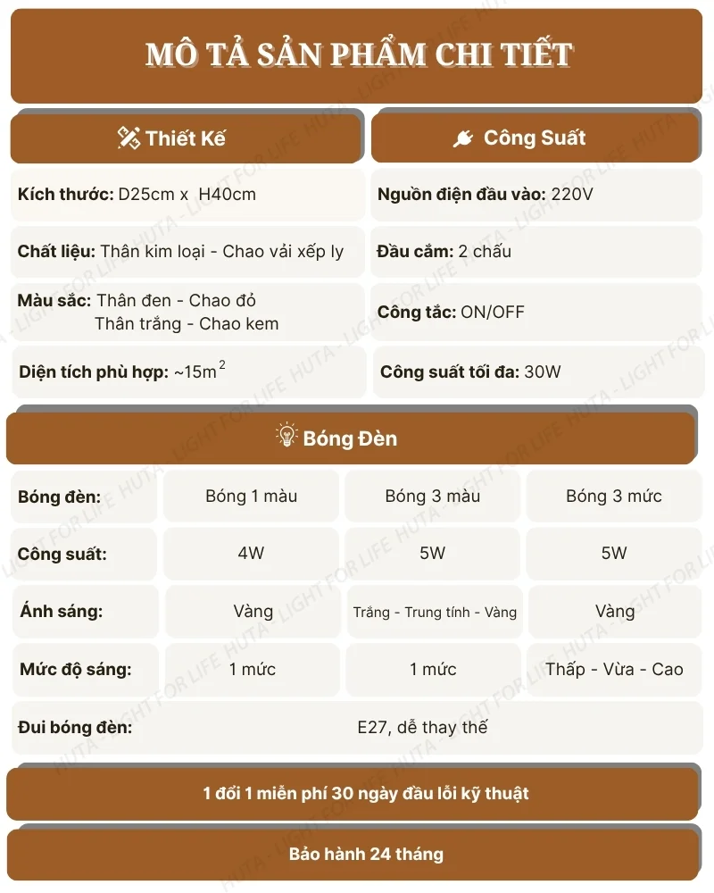 Thông số kỹ thuật chi tiết đèn ngủ để bàn thân kim loại mã T9