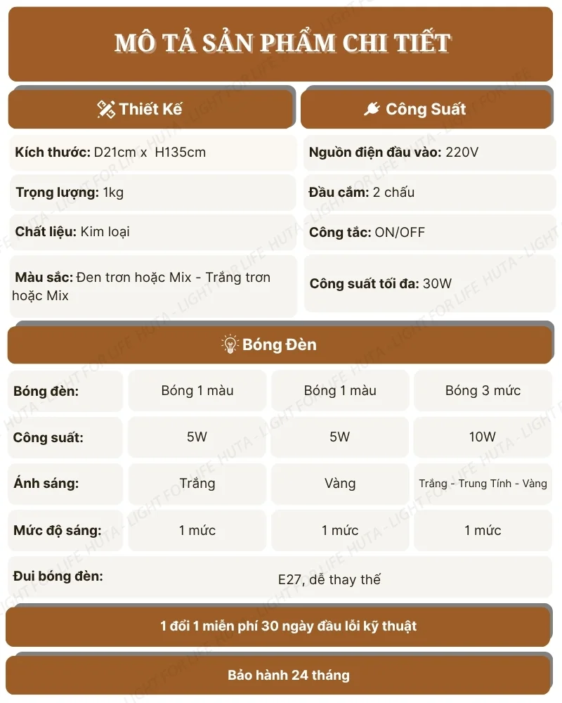 Thông số kỹ thuật chi tiết đèn cây đứng decor mã KT5